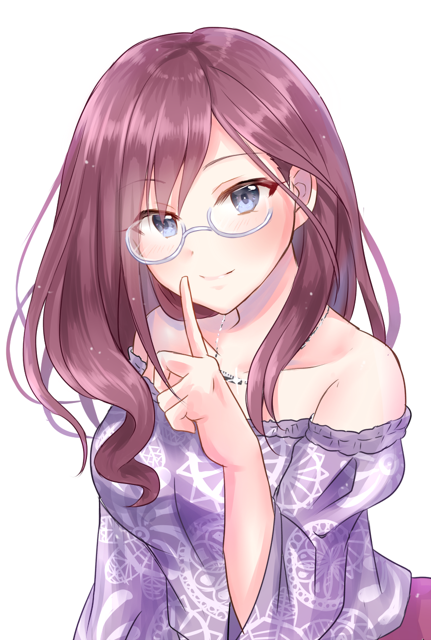 1girl, bare_shoulders, blue_eyes, blush, brown_hair, chii_(sbshop), collarbone, finger_to_mouth