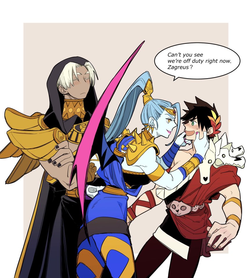 1girl, 2boys, ancient_greek_clothes, belt, black_hair, black_nails, blue_hair, blue_skin