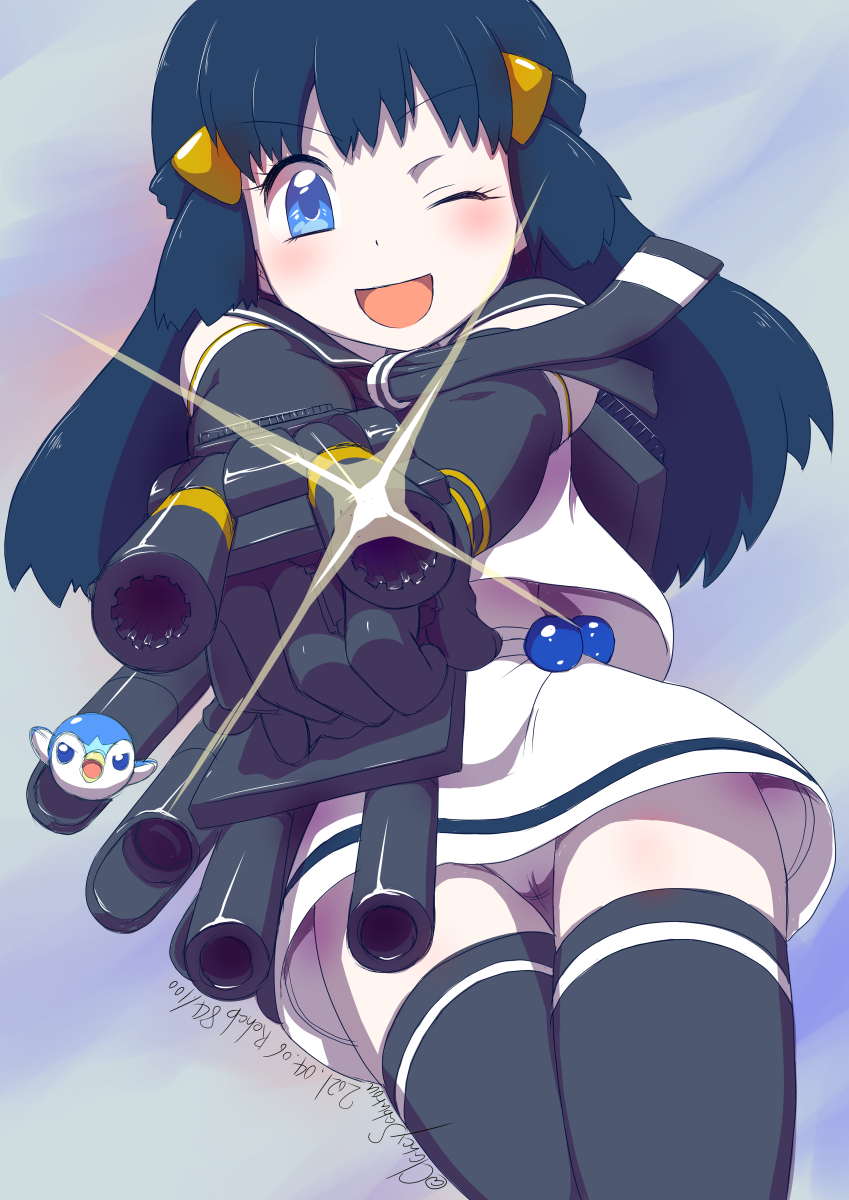 black_thighhighs, blue_eyes, blue_hair, cosplay, dawn_(pokemon), gen_4_pokemon, gun, hair_ornament