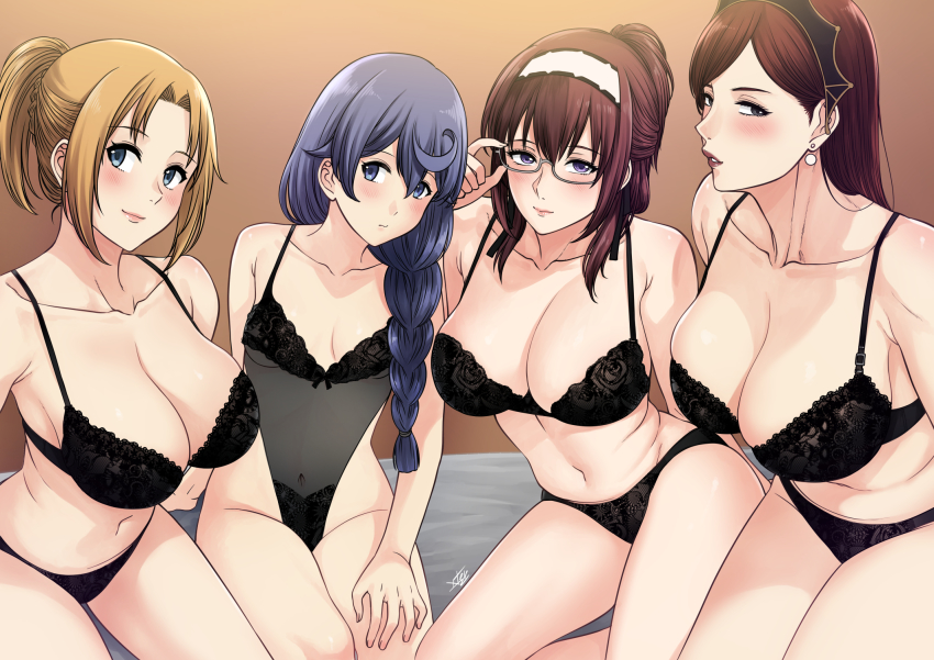4girls, black_bra, black_panties, blonde_hair, blue_eyes, blue_hair, blush, bra, braid, breasts, brown_hair, cleavage, earrings, female_focus, glasses, grey_eyes, highres, hilda_boreas_greyrat, jewelry, large_breasts, lillia_greyrat, lingerie, long_hair, looking_at_viewer, matching_hair/eyes, mature_female, midriff, multiple_girls, mushoku_tensei, navel, panties, purple_eyes, rokari_migurdia, see-through_clothes, small_breasts, take_your_pick, trait_connection, underwear, underwear_only, xter, zenith_greyrat