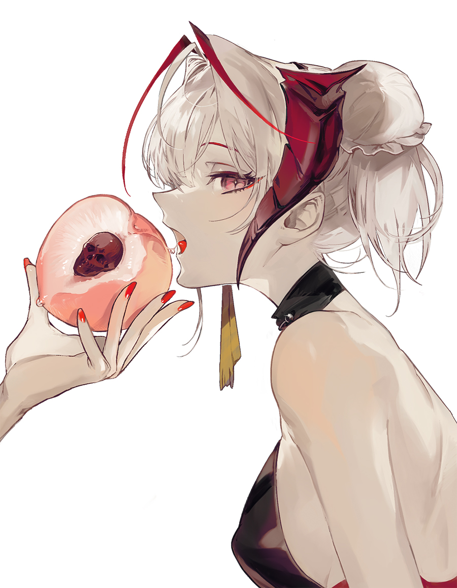 1girl, antenna_hair, arknights, black_dress, commentary, demon_horns, disembodied_hand, dress