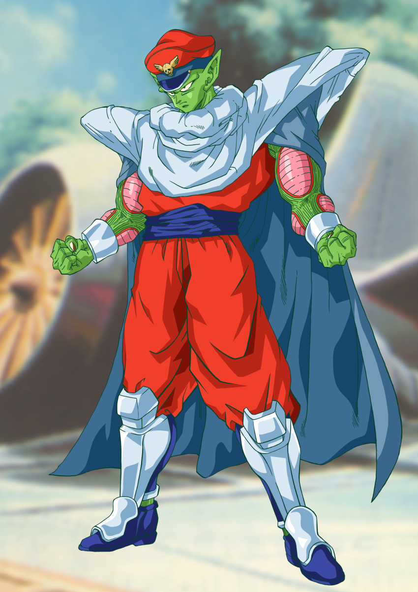 1boy, absurdres, armband, boots, capcom, cape, colored_skin, cosplay, crossover, deka_master, dragon_ball, dragonball_z, fusion, green_skin, hat, highres, m._bison, m_bison_(cosplay), male_focus, peaked_cap, piccolo, pointy_ears, skull, solo, street_fighter