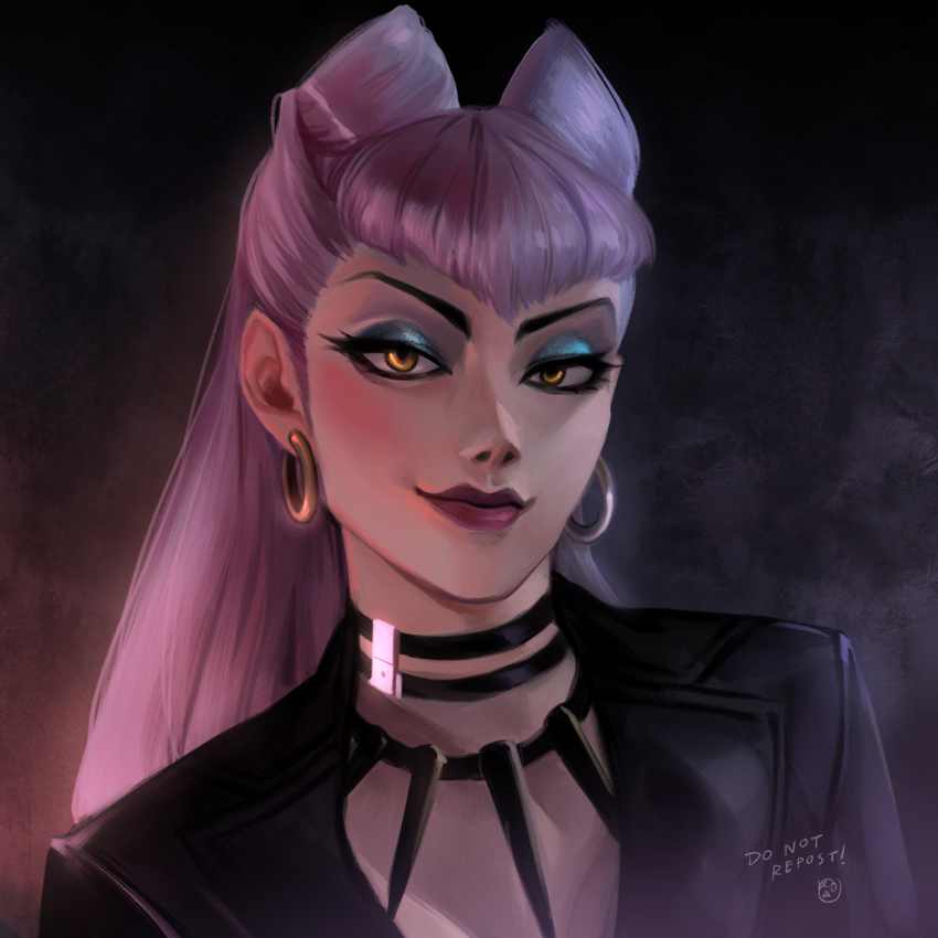 1girl, earrings, evelynn_(league_of_legends), formal_clothes, highres, hoop_earrings, jewelry, k/da_(league_of_legends), kaohom503, league_of_legends, lipstick, long_hair, looking_at_viewer, makeup, silver_hair, smirk, solo, suit, the_baddest_evelynn, yellow_eyes