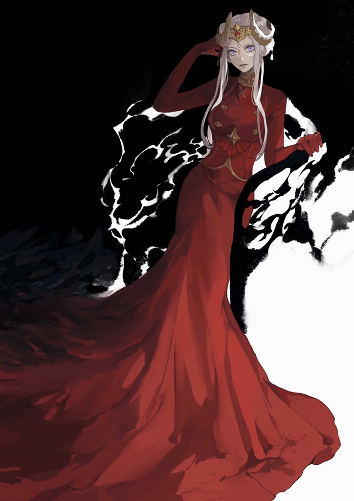 1girl, breasts, cape, dress, edelgard_von_hresvelg, edelgard_von_hresvelg_(timeskip), fake_horns, fire_emblem