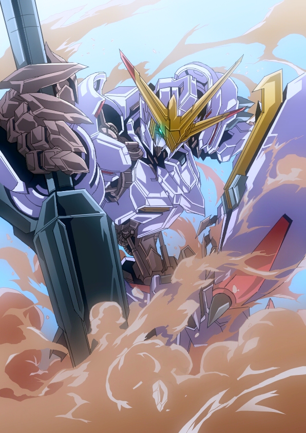 aki.10_01, glowing, glowing_eye, green_eyes, gundam, gundam_hajiroboshi, gundam_tekketsu_no_orphans, gundam_tekketsu_no_orphans_urdr_hunt, holding, holding_shield, holding_sword, holding_weapon, looking_down, mecha, mobile_suit, no_humans, pile_bunker, piston, robot, science_fiction, shield, sky, smoke, solo, sword, v-fin, weapon