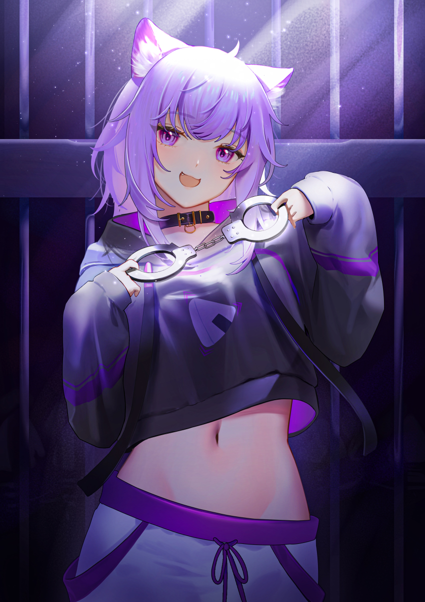 1girl, :3, absurdres, almn_sk, animal_collar, animal_ear_fluff, animal_ears, baggy_pants, bars, black_collar, black_hoodie, cat_ears, cat_girl, collar, crop_top, cuffs, drawstring, food_print, hair_between_eyes, handcuffs, highres, holding, hololive, hololive_gamers, hood, hoodie, indoors, long_sleeves, looking_at_viewer, midriff, navel, nekomata_okayu, nekomata_okayu_(1st_costume), onigiri_print, open_mouth, pants, prison, purple_eyes, purple_hair, short_hair, sleeves_past_wrists, smile, solo, sweatpants, virtual_youtuber, white_pants