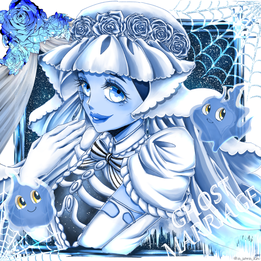 1girl, absurdres, artist_name, ayaba_sora, blue_eyes, blue_flower, blue_lips, blue_skin, blue_theme, bow, bowtie, bride, colored_skin, dress, earrings, eliza_(twisted_wonderland), flower, ghost, gloves, hat, hat_flower, highres, jewelry, looking_at_viewer, stiped_bow, twisted_wonderland, twitter_username, veil, wedding_dress, white_gloves, white_headwear, white_veil, yellow_eyes
