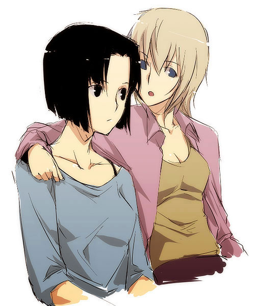 00s, arm_around_neck, arm_on_another's_shoulder, armwrap, blonde_hair, blue_eyes, casual, collarbone
