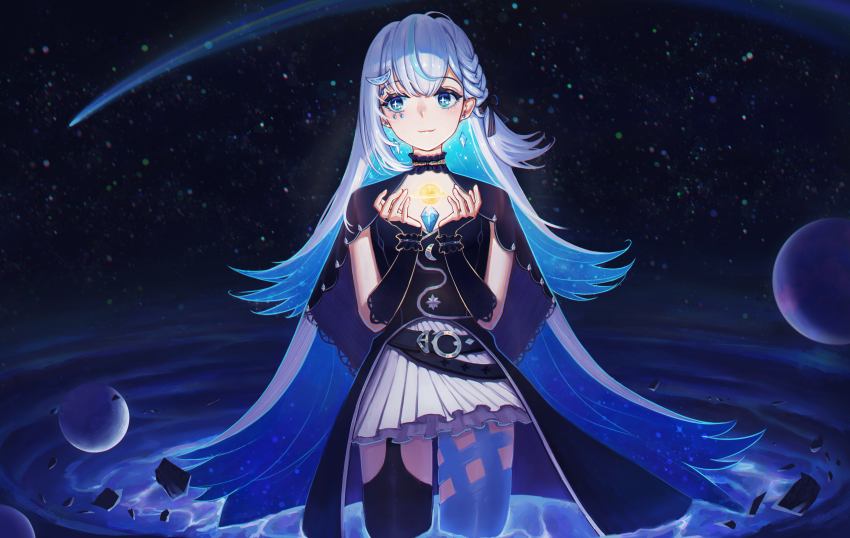 1girl, absurdres, another_project, asymmetrical_legwear, belt, black_belt, blue_eyes, blue_hair