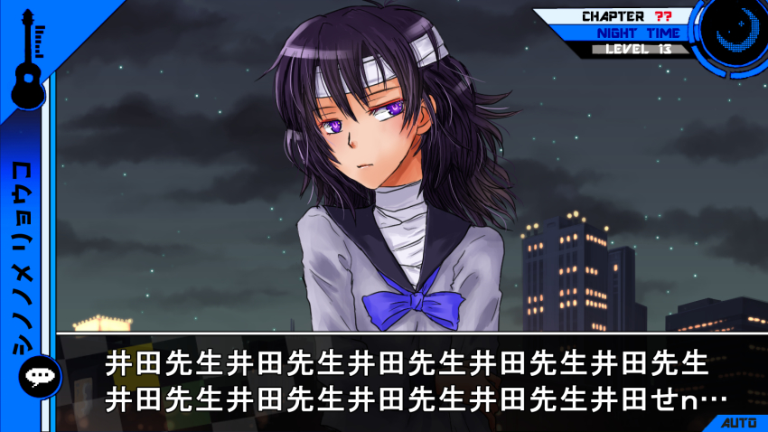 azumaya_akira, bandaged_head, bandaged_neck, bandages, blue_ribbon, building, crossover, danganronpa_(series)