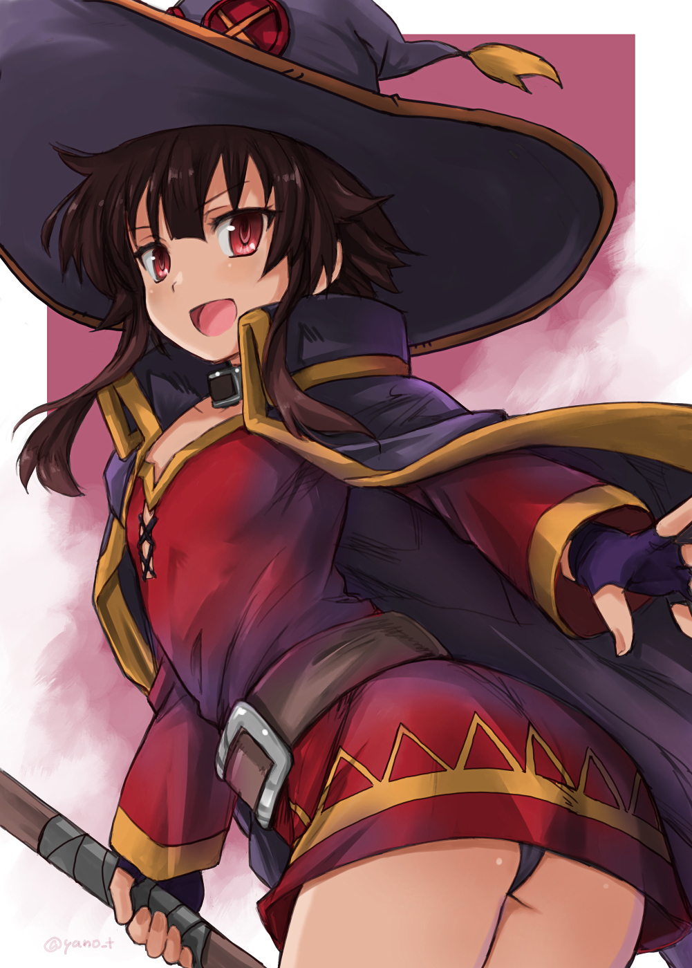 1girl, black_choker, black_gloves, black_panties, blush, brown_cape, brown_hair, brown_hat