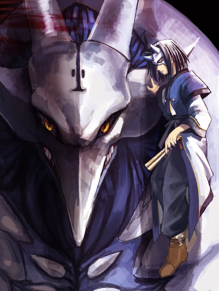 1boy, ainu_clothes, aquaplus, black_hair, closed_mouth, from_side, full_body, giant