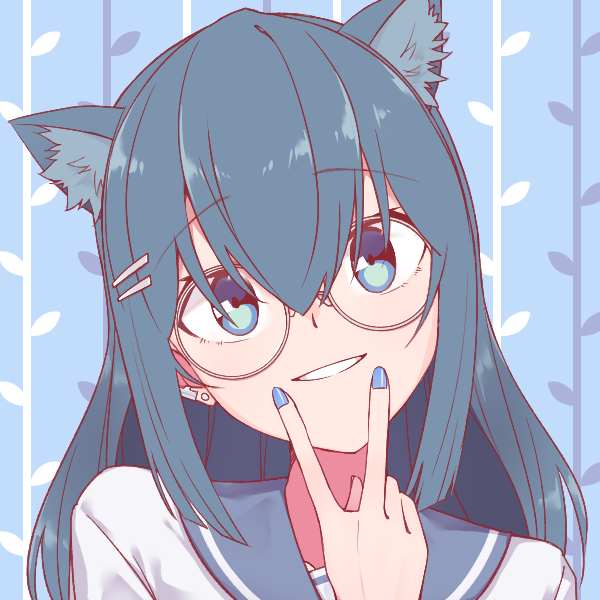 1girl, alternate_costume, animal_ear_fluff, animal_ears, bespectacled, blue_eyes, blue_hair, blue_nails