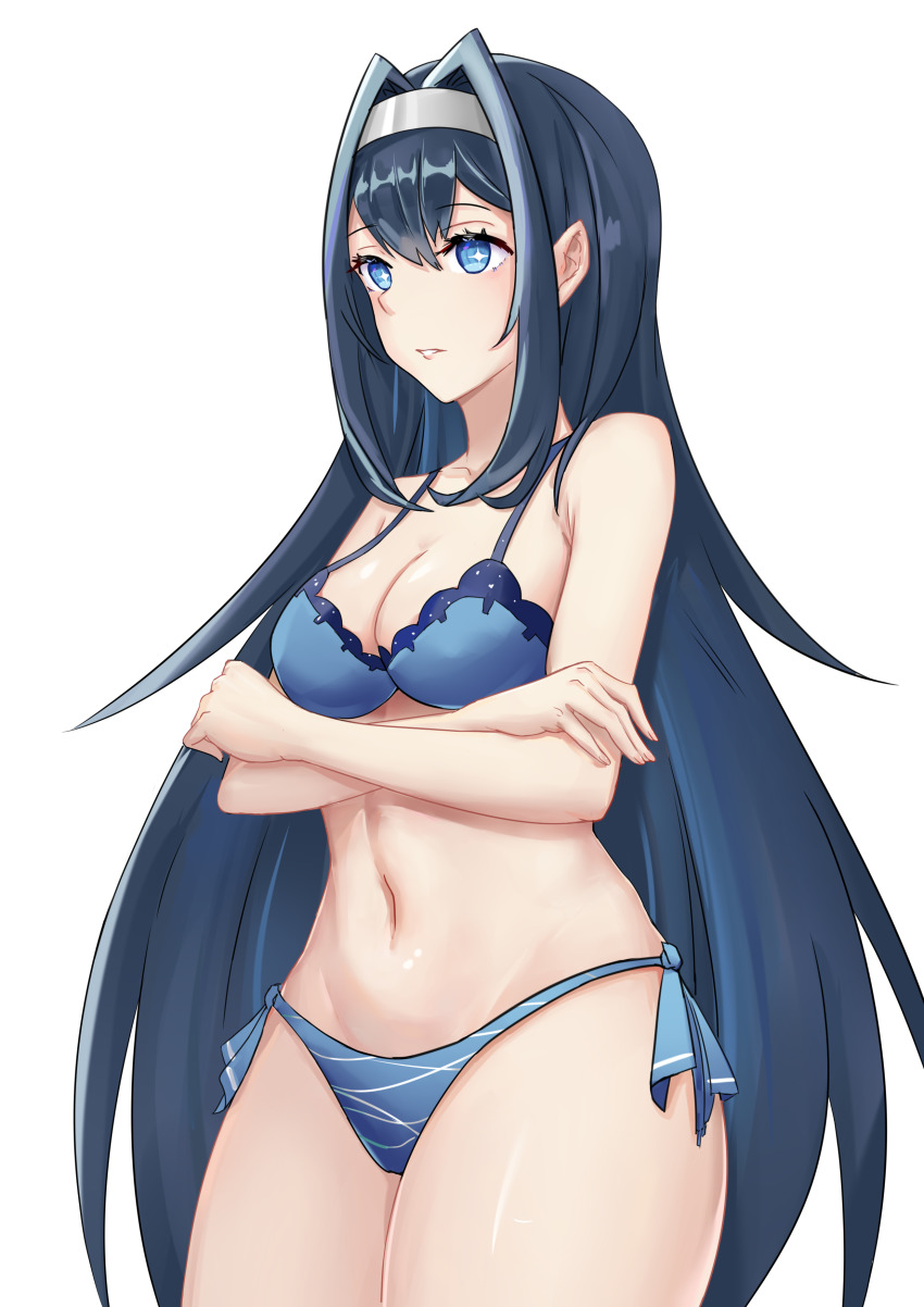 1girl, absurdres, blue_bra, blue_eyes, blue_hair, blue_panties, bra, breasts