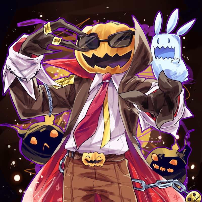 ;d, ^_^, adjusting_eyewear, belt, black_background, black_jacket, brown_belt, brown_pants, chain, chinese_commentary, citrouille, closed_eyes, collared_jacket, collared_shirt, commentary_request, foreshortening, ghost, jack-o'-lantern, jacket, jewelry, long_jacket, long_sleeves, merc_storia, necktie, no_humans, one_eye_closed, open_mouth, pants, pumpkin, rata_(m40929), reaching, red_neckwear, ring, shirt, simple_background, smile, sunglasses, white_shirt, yellow_neckwear