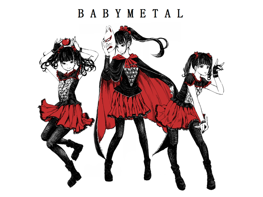 3girls, \m/, apple, armor, arms_up, babymetal, black_footwear, black_hair