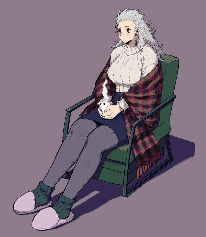 1girl, blush, breasts, chair, coffee, cross_earrings, dorohedoro, earrings