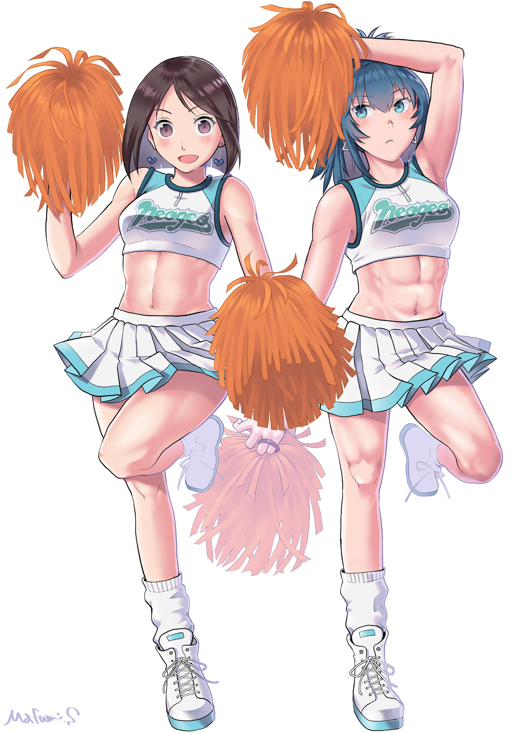 2girls, abs, alternate_costume, bare_shoulders, blue_eyes, blue_hair, brown_hair, cheerleader