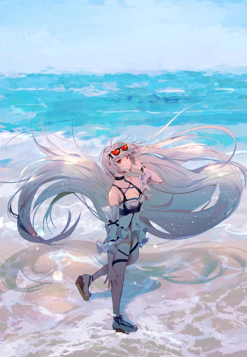 1girl, absurdly_long_hair, arknights, beach, black-framed_eyewear, black_choker, blue_sky, bracelet