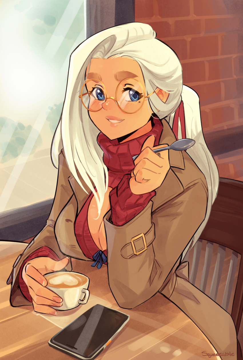 1girl, asymmetrical_hair, blue_eyes, breasts, brown_coat, cafe, chair, cleavage, cleavage_cutout, clothing_cutout, coat, coffee, coffee_mug, commentary, cup, english_commentary, fingernails, glasses, highres, indoors, june_(squeezable), large_breasts, latte_art, lips, long_hair, looking_at_viewer, mole, mole_under_eye, mug, nose, open-chest_sweater, original, platinum_blonde_hair, ponytail, red_sweater, ribbed_sweater, round_eyewear, sitting, smile, solo, spoon, squeezable_(squeezabledraws), sweater, table, thick_eyebrows, trench_coat, turtleneck, turtleneck_sweater, yellow-framed_eyewear