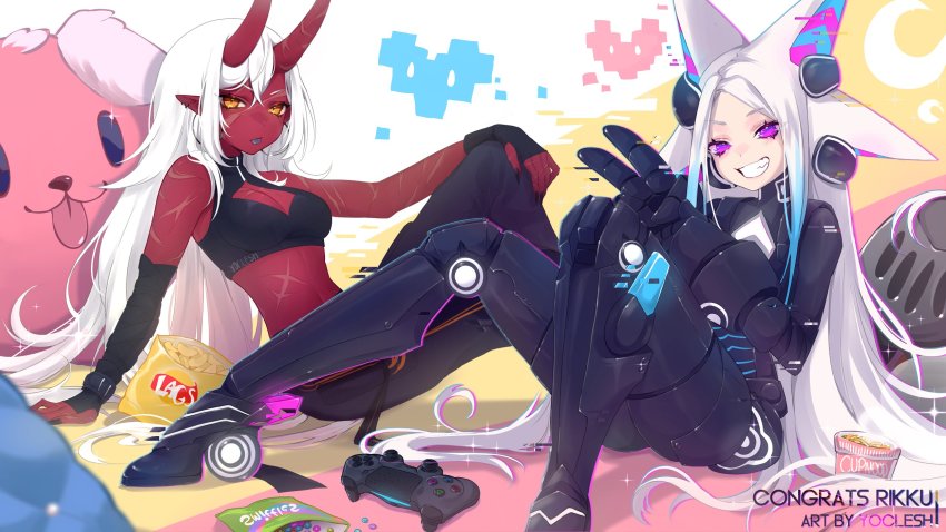 2girls, akumi_(yoclesh), android, animal_ears, artist_name, breasts, character_name, chips_(food), cleavage, cleavage_cutout, clothing_cutout, colored_skin, colored_tongue, commentary, dyarikku_(vtuber), english_commentary, food, fox_ears, fox_girl, game_controller, hair_between_eyes, heart, highres, horns, indie_virtual_youtuber, looking_at_viewer, mechanical_legs, medium_breasts, multiple_girls, oni, playstation_controller, pointy_ears, potato_chips, purple_tongue, red_skin, scar, skin-covered_horns, skittles, tongue, tongue_out, v, virtual_youtuber, white_hair, yellow_eyes, yoclesh