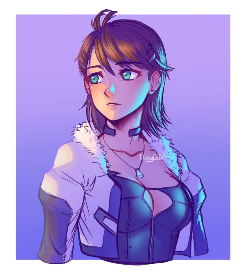 1girl, border, breasts, brown_hair, choker, cleavage, cropped_jacket, cropped_torso