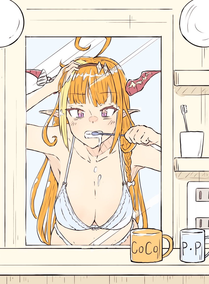 1girl, ahoge, alternate_costume, arm_up, armpits, bare_shoulders, blonde_hair, blue_bra, bow, bra, braid, breasts, brown_hairband, brushing_teeth, character_name, cleavage, collarbone, commentary_request, cup, diagonal-striped_bow, dragon_girl, dragon_horns, electrical_outlet, female_pov, hair_ribbon, hairband, hand_in_own_hair, hand_up, highres, holding, holding_toothbrush, hololive, horns, indoors, kiryu_coco, large_breasts, leaning_forward, long_hair, looking_at_mirror, mirror, mug, multicolored_eyes, multicolored_hair, navel, nekomimi_sukinosuke, orange_hair, panties, pink_eyes, pointy_ears, pov, print_mug, purple_eyes, reflection, ribbon, side_braid, sidelocks, single_braid, sleepy, slit_pupils, solo, streaked_hair, striped_bow, toothbrush, underwear, underwear_only, upper_body, virtual_youtuber, white_ribbon