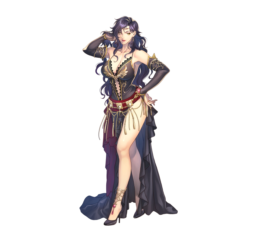 1girl, absurdres, bare_shoulders, belt, black_dress, black_footwear, black_hair, breasts, circlet, cleavage, closed_mouth, collarbone, commentary_request, dress, earrings, fingernails, fire_emblem, fire_emblem:_the_blazing_blade, fire_emblem_heroes, full_body, hand_on_own_hip, hand_up, high_heels, highres, jewelry, large_breasts, lipstick, long_hair, looking_at_viewer, makeup, nintendo, official_art, pale_skin, side_slit, simple_background, smile, solo, sonia_(fire_emblem:_the_blazing_blade), standing, thighs, white_background, yellow_eyes, yoneko_okome