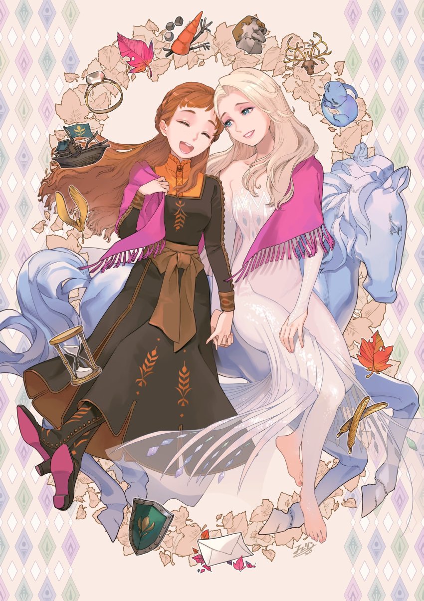 2girls, anna_(frozen), barefoot, blue_eyes, boots, brown_footwear, brown_hair, carrot