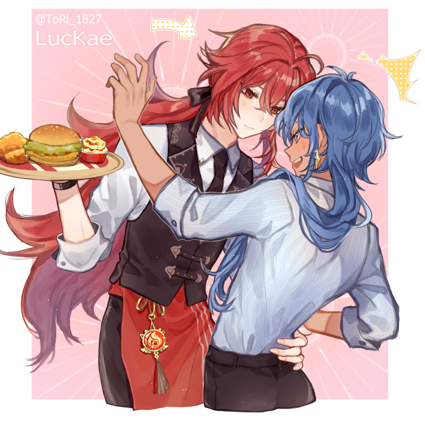 2boys, ^^^, absurdres, apron, arrow_(symbol), black_bow, black_pants, black_vest, blue_eyes, blue_hair, blue_shirt, blush, border, bow, burger, chicken_(food), closed_mouth, commentary, dark-skinned_male, dark_skin, diamond_earrings, diluc_(genshin_impact), earrings, embarrassed, food, fried_chicken, genshin_impact, hair_bow, hand_on_another's_waist, highres, holding, holding_tray, jewelry, kaeya_(genshin_impact), long_sleeves, looking_at_another, looking_down, mashed_potatoes, multiple_boys, open_mouth, pants, pink_background, ponytail, red_apron, red_eyes, red_hair, shirt, sidelocks, simple_background, striped_clothes, striped_shirt, surprised, teeth, torisan_(rinlen1827), tray, twitter_username, upper_body, upper_teeth_only, vest, vision_(genshin_impact), waist_apron, white_shirt, wrist_cuffs, yaoi
