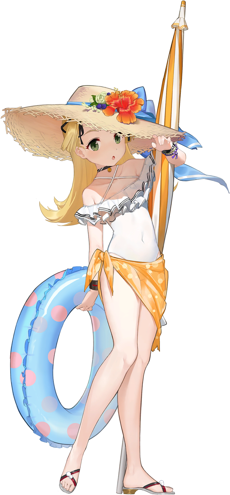 1girl, :o, artist_request, beach_umbrella, black_choker, blonde_hair, blue_oath, choker