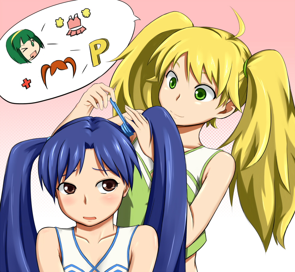 00s, 2girls, ahoge, alternate_hairstyle, blonde_hair, blue_hair, blush, brown_eyes, cheerleader, green_eyes, green_hair, hairband, headset, hoshii_miki, idolmaster, idolmaster_(classic), kisaragi_chihaya, long_hair, microphone, multiple_girls, nogisu, otonashi_kotori, pom_pom_(cheerleading), st_rx, twintails