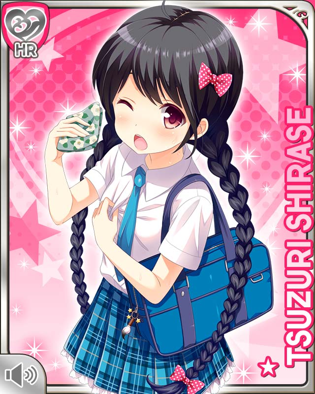 1girl, :o, ahoge, bag, black_hair, bow, card_(medium), character_name