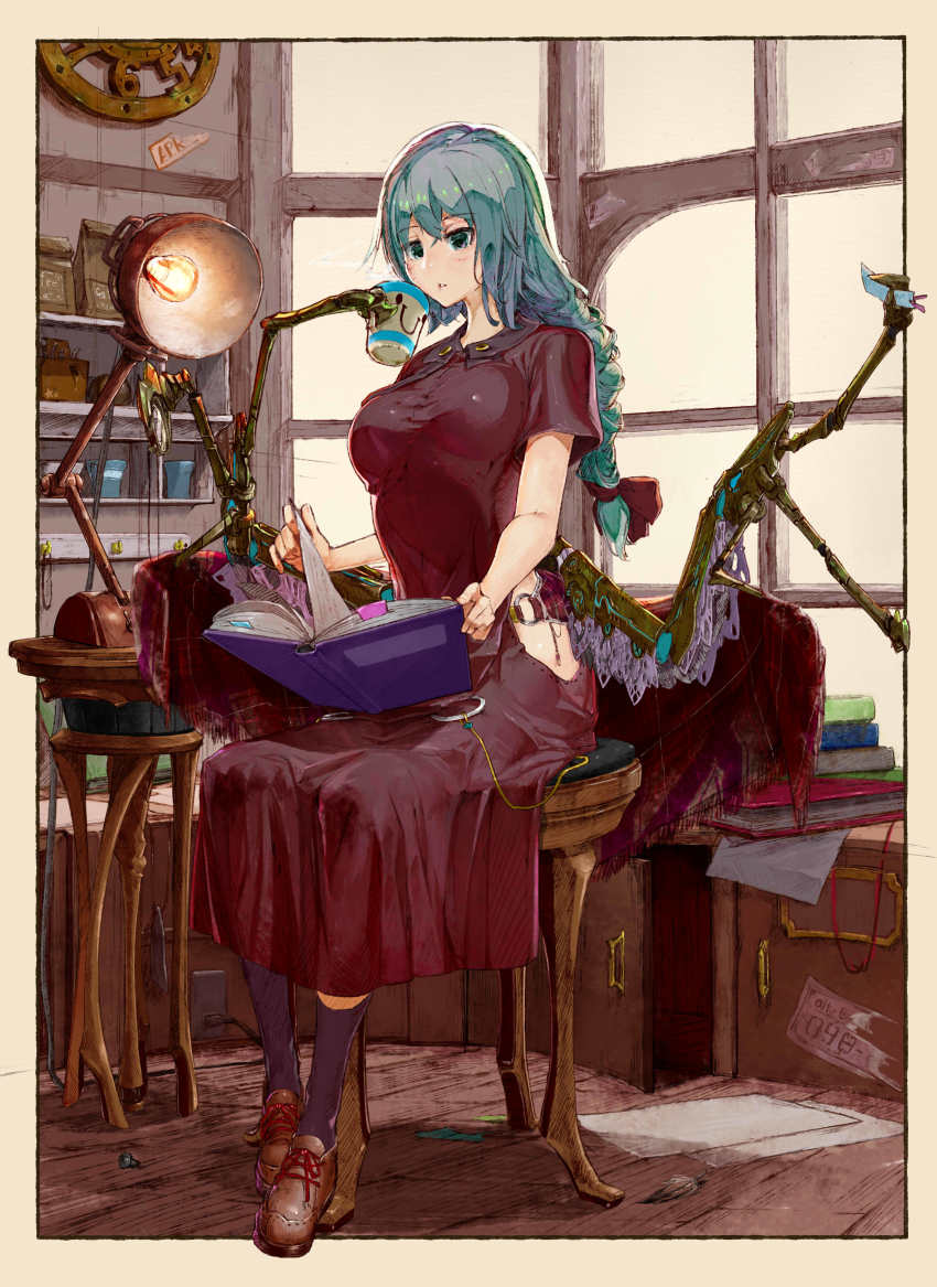 1girl, absurdres, black_legwear, blowing, blue_eyes, blue_hair, book, book_stack, bookmark, border, braid, brown_footwear, croriin, cup, dress, feathers, full_body, hatching_(texture), highres, holding, holding_book, lamp, light_bulb, long_braid, long_hair, mechanical_arms, o-ring, original, outside_border, paper, reading, screw, seed_bag, shoelaces, sitting, solo, steam, tools, turning_page, white_border