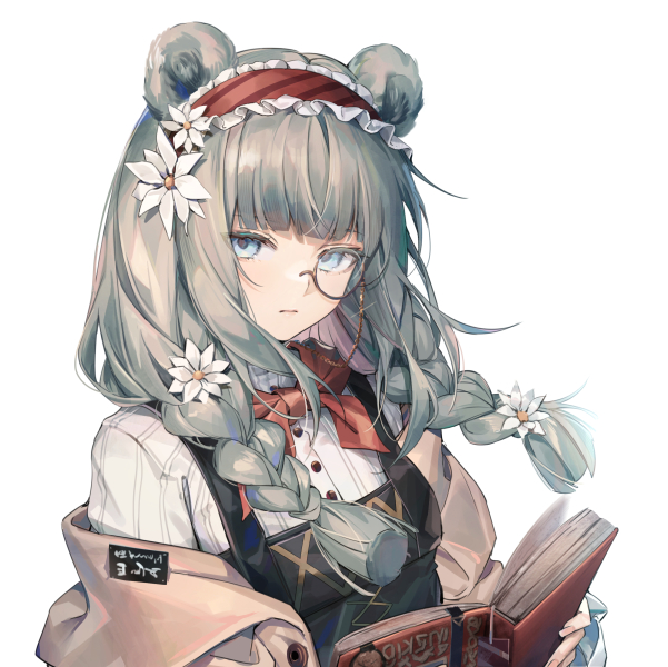 1girl, animal_ears, arknights, bear_ears, bear_girl, blue_eyes, blue_hair, blunt_bangs, book, braid, brown_jacket, douya_(233), fingernails, flower, frilled_hairband, frills, hair_flower, hair_ornament, hair_over_shoulder, hairband, holding, holding_book, istina_(arknights), istina_(bibliosmia)_(arknights), jacket, lolita_hairband, long_hair, long_sleeves, looking_at_viewer, monocle, neckerchief, off_shoulder, official_alternate_costume, open_book, red_neckerchief, sarafan, shirt, solo, twin_braids, white_background, white_flower, white_shirt