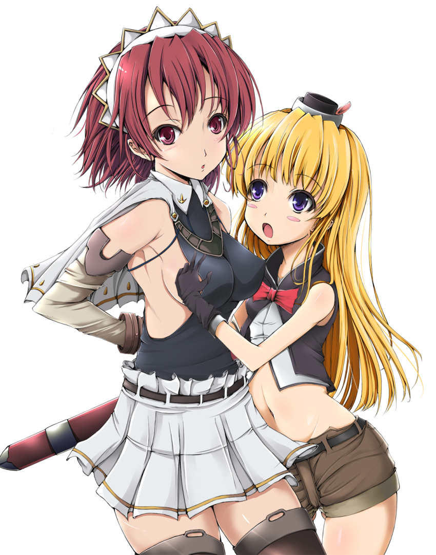 00s, 2girls, bad_id, bad_pixiv_id, bare_shoulders, blonde_hair, blush, blush_stickers, breasts, brown_hair, cecily_cambell, gloves, hat, highres, leotard, lisa_(seiken_no_blacksmith), long_hair, midriff, mini_hat, multiple_girls, purple_hair, sahare, seiken_no_blacksmith, short_hair, sideboob, thighhighs