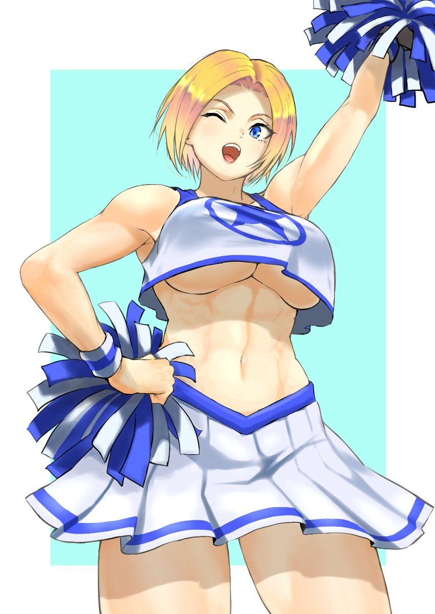 1girl, abs, anagumasan, arm_up, armpits, blonde_hair, blue_eyes, blue_mary