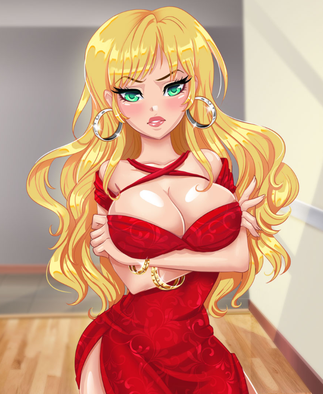 blonde_hair, breasts, dress, earrings, fap_ceo, green_eyes, jewelry, laura_(fap_ceo), stepsiblings