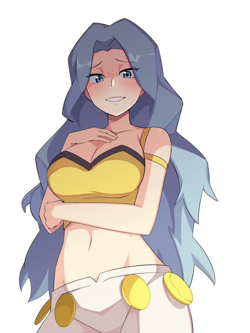 1girl, blush, breasts, cleavage, commentary_request, elite_four, from_below, grey_eyes, grey_hair, highres, karen_(pokemon), kiwi_of_ruin, korean_commentary, long_hair, looking_at_viewer, midriff, navel, nintendo, pants, parted_lips, pokemon, pokemon_heartgold_and_soulsilver, raised_eyebrows, simple_background, smile, solo, very_long_hair, white_background, white_pants