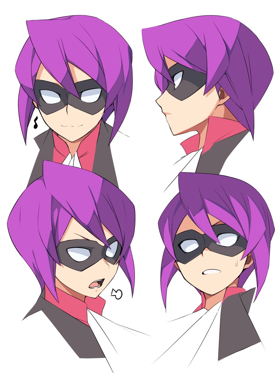 1boy, ascot, closed_mouth, collared_shirt, commentary_request, crabat, domino_mask, elite_four, eye_mask, highres, kiwi_of_ruin, korean_commentary, looking_at_viewer, male_focus, mask, multiple_views, musical_note, nintendo, open_mouth, parted_lips, pokemon, pokemon_heartgold_and_soulsilver, portrait, purple_hair, purple_shirt, shirt, short_hair, simple_background, smile, sweatdrop, teeth, tongue, white_ascot, white_background, will_(pokemon)