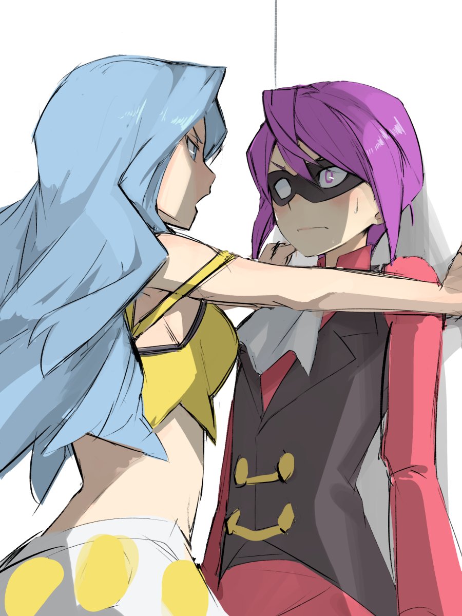 1boy, 1girl, ascot, bright_pupils, commentary_request, crabat, domino_mask, elite_four