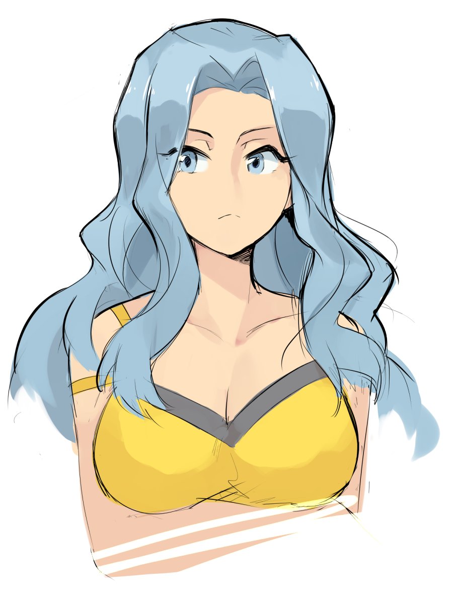 1girl, breasts, cleavage, closed_mouth, collarbone, commentary_request, elite_four, eyelashes, grey_eyes, grey_hair, highres, karen_(pokemon), kiwi_of_ruin, long_hair, nintendo, pokemon, pokemon_heartgold_and_soulsilver, sideways_glance, simple_background, sketch, solo, upper_body, white_background