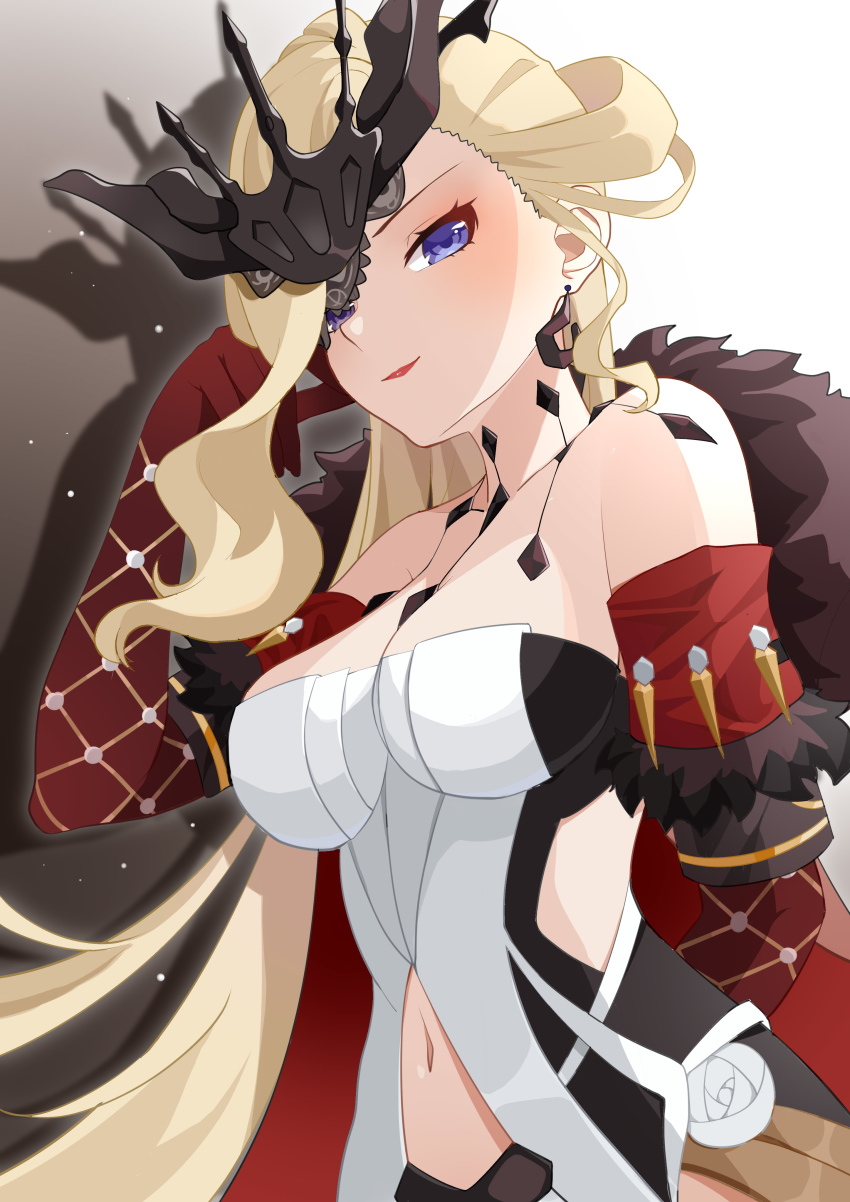 1girl, absurdres, arm_behind_back, bare_shoulders, black_mask, blonde_hair, blue_eyes, breasts