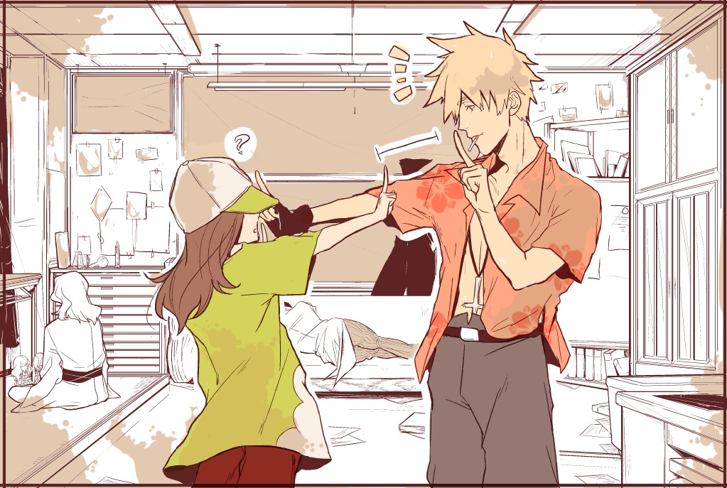 1boy, 1girl, bare_shoulders, baseball_cap, belt, blonde_hair, blouse, brown_eyes