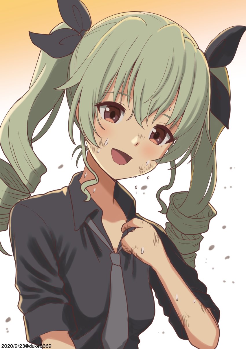 1girl, absurdres, anchovy_(girls_und_panzer), black_necktie, black_ribbon, black_shirt, brown_eyes, collar_tug