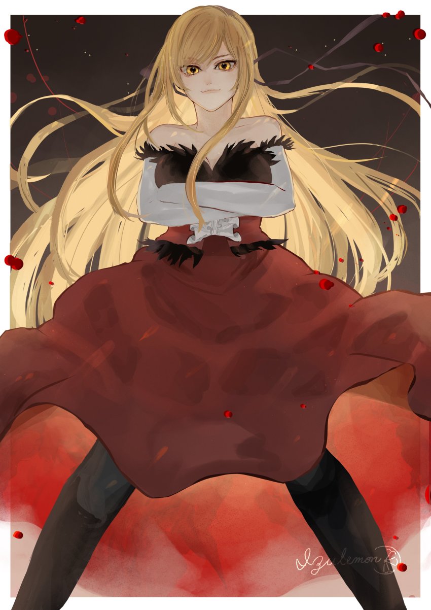 1girl, absurdres, bare_shoulders, black_pantyhose, blonde_hair, crossed_arms, dress, elbow_gloves