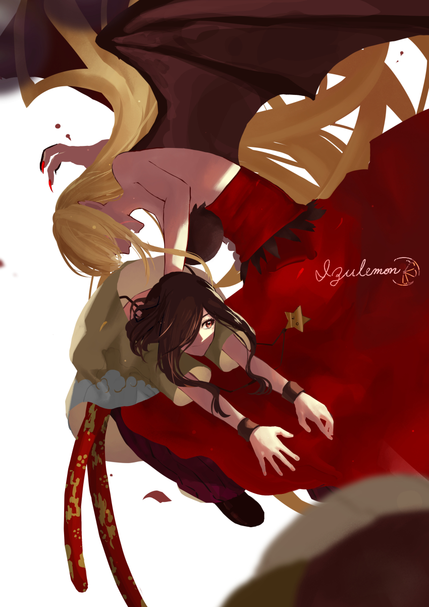 2girls, absurdres, bare_shoulders, baseball_cap, bat_wings, blonde_hair, brown_eyes, brown_hair