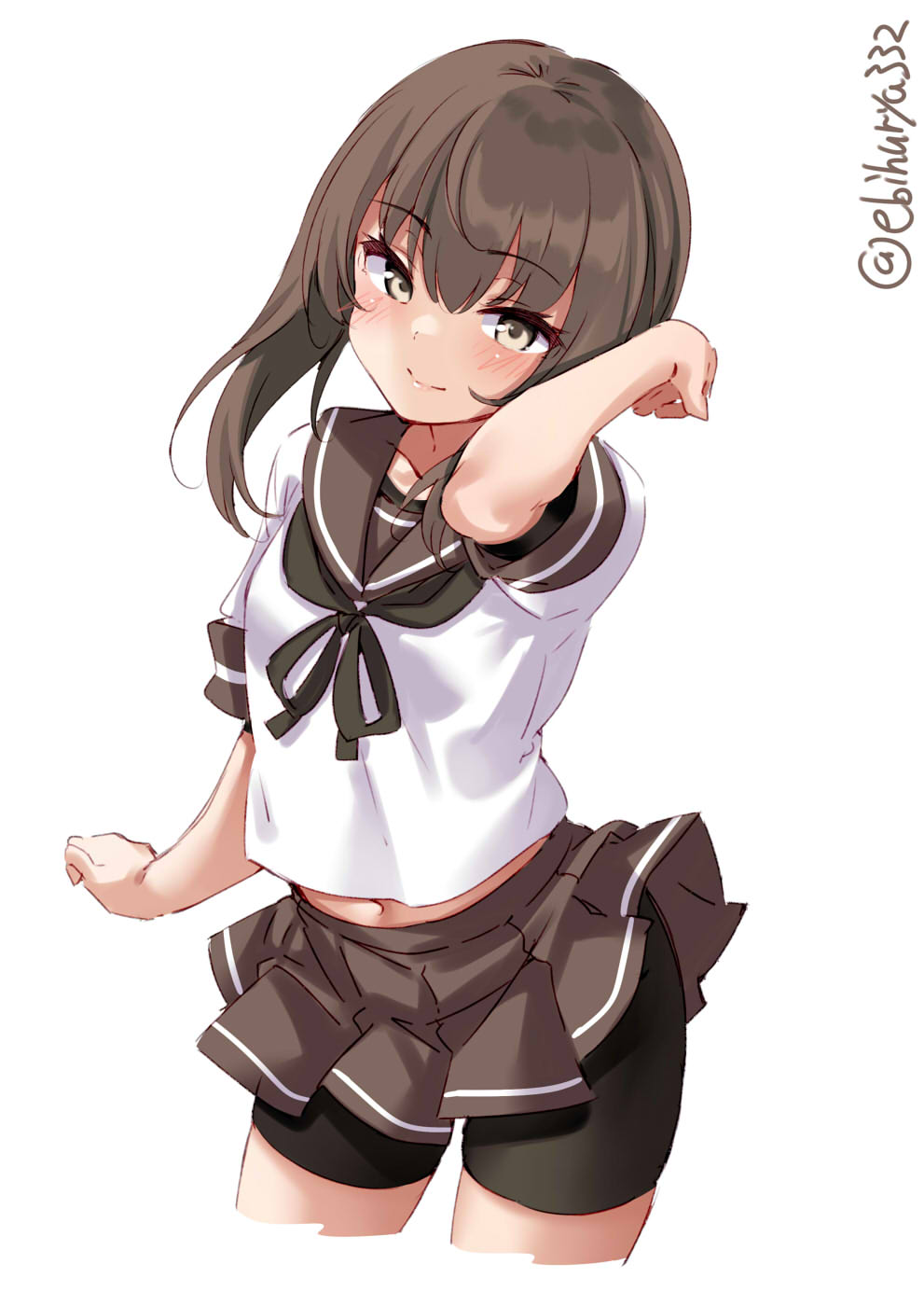 1girl, alternate_costume, ayanami_(kancolle), ayanami_(kancolle)_(cosplay), bike_shorts, black_neckerchief, blush, brown_eyes, brown_hair, brown_sailor_collar, brown_skirt, collarbone, cosplay, cowboy_shot, cropped_legs, ebifurya, flat_chest, hair_between_eyes, highres, kantai_collection, long_hair, looking_at_viewer, neckerchief, sailor_collar, school_uniform, serafuku, shirt, simple_background, skirt, solo, taihou_(kancolle), twitter_username, white_background, white_shirt