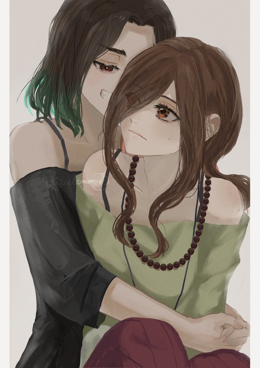 2girls, absurdres, bare_shoulders, beads, black_hair, brown_eyes, brown_hair, eyes_visible_through_hair, gaen_izuko, gaen_tooe, green_hair, green_shirt, highres, hug, izu_lemon, jewelry, long_hair, looking_at_another, monogatari_(series), multicolored_hair, multiple_girls, prayer_beads, red_eyes, shirt, short_hair, siblings, sisters, strap_slip