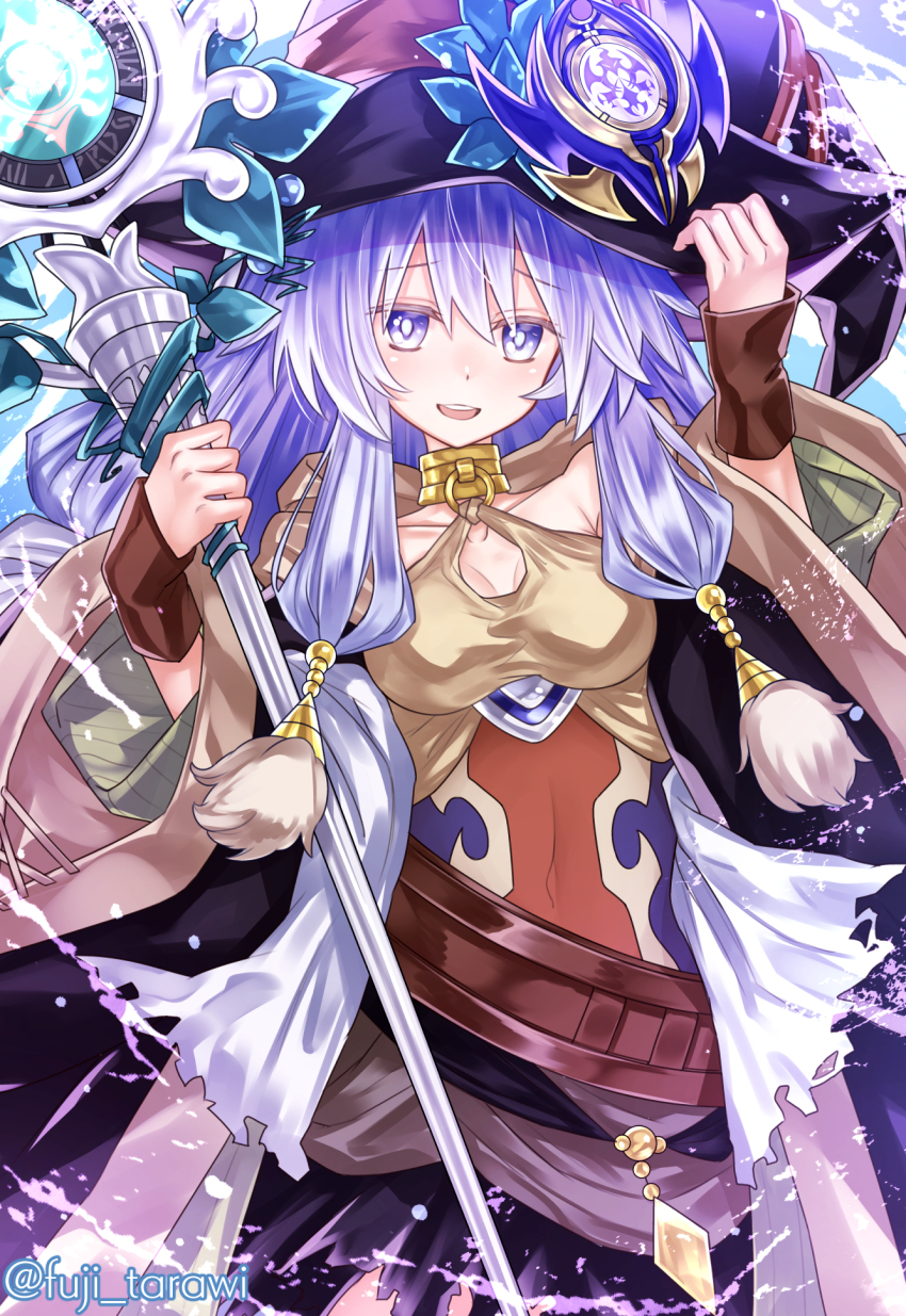 1girl, ariel_(yu-gi-oh!), ariel_priestess_of_the_nekroz, belt, breasts, collar, collarbone, commentary, duel_monster, fuji_tarawi, hair_between_eyes, hand_on_headwear, hat, highres, holding, holding_staff, jewelry, long_hair, long_sleeves, metal_collar, open_clothes, open_mouth, open_robe, pom_pom_(clothes), purple_eyes, purple_hair, robe, sash, solo, staff, twitter_username, water, wide_sleeves, witch_hat, yu-gi-oh!